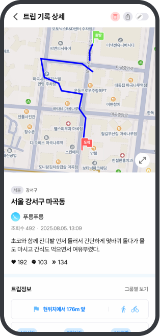 기록한 경로와 방문 지점을 확인하는 트립 기록 상세 화면